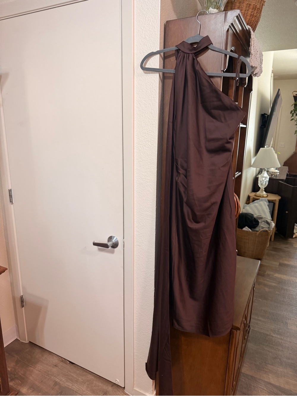 House of CB One-Shoulder Chocolate Brown Satin Dress